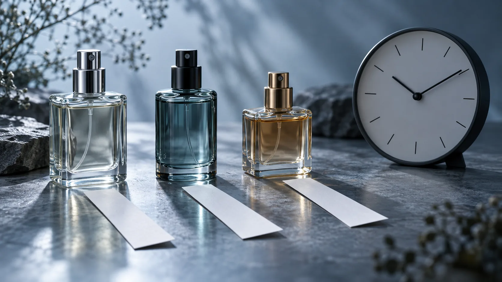 Generic atomizers and separate blotters beside an unnumbered clock