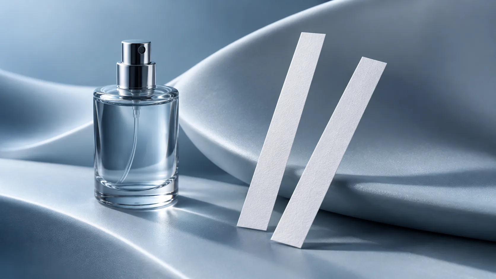 Generic atomizer beside two separate blotter strips and a neutral curved surface