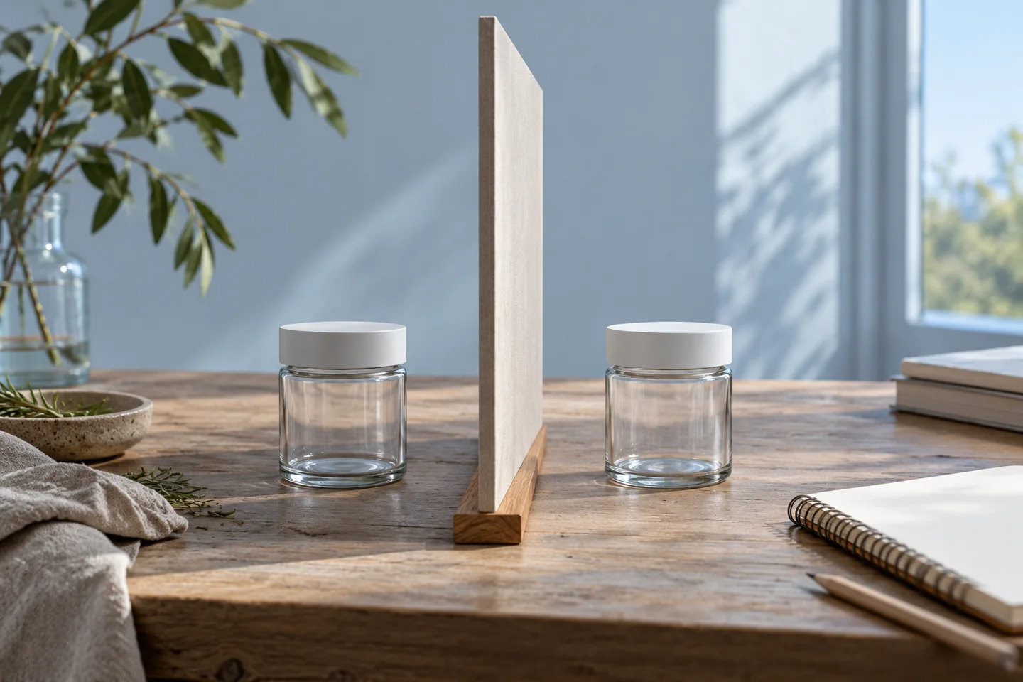 Two generic odor jars with a neutral divider and blank notebook