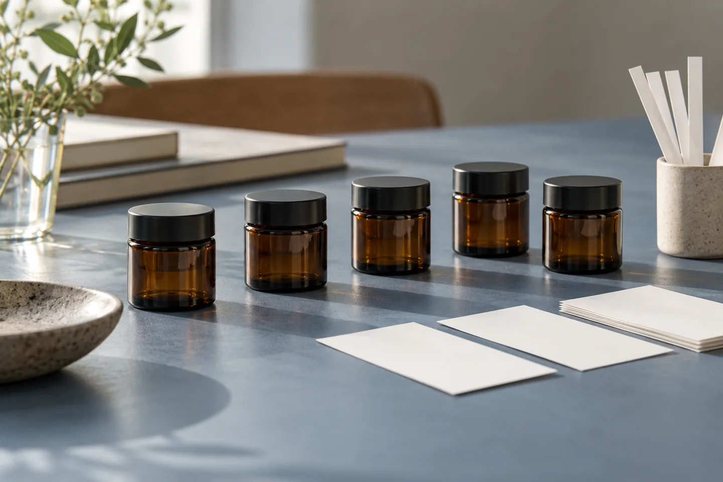 Identical closed amber odor jars beside blank response cards on a blue-gray desk