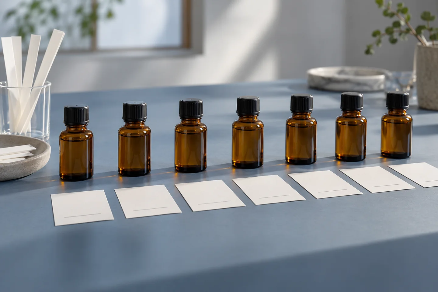 Orderly sealed amber odor vials beside blank rating cards on blue-gray table