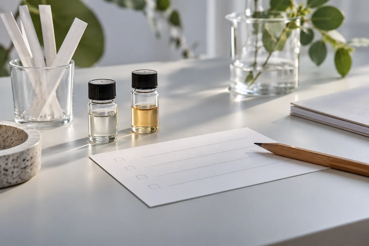 Two capped generic odor vials and a blank response card on a restrained research desk