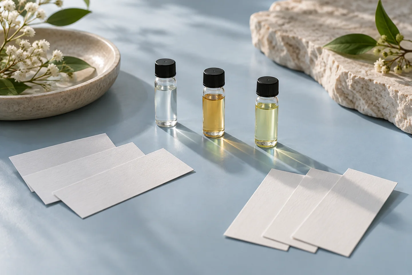 Generic scent vials with blank sorting cards on a pale blue desk