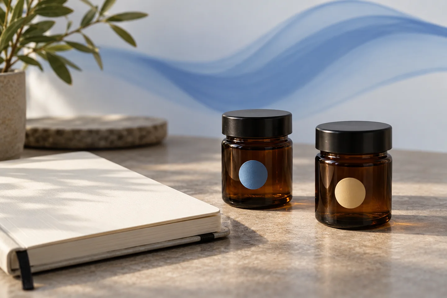 Two generic covered scent jars and a blank notebook with an abstract blue wave motif